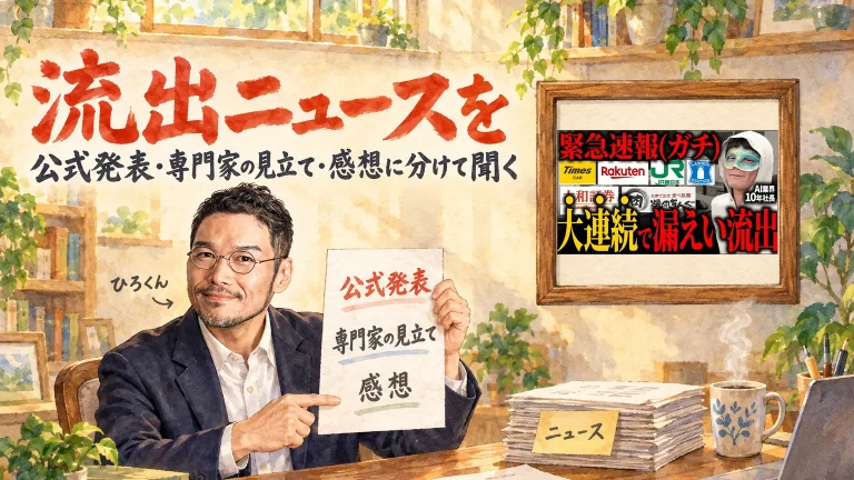 アイキャッチ: 3つの札（公式発表・専門家の見立て・感想）を持つひろくんと、ニュースの紙の束。壁にAI仙人さんの動画のサムネイル