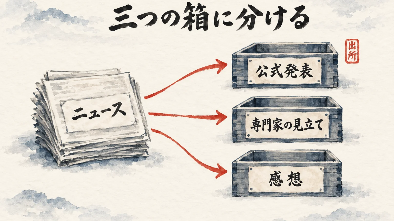 図解: 流れてくるニュースの束を、公式発表・専門家の見立て・感想の3つの箱に仕分けてから聞く