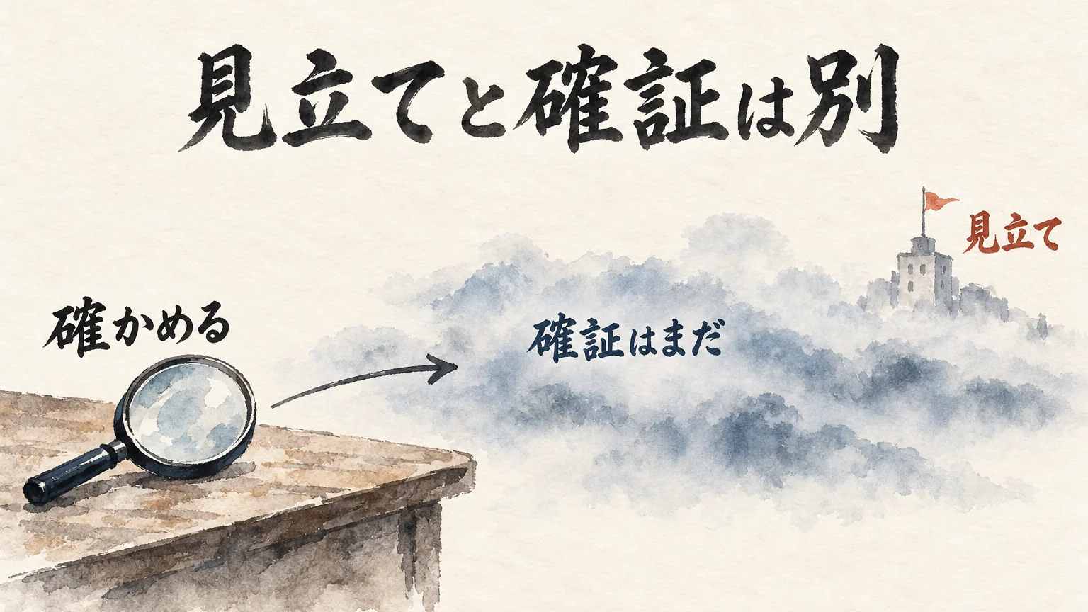 図解: 霧の向こうの影を、確かめる前に事実とは呼ばない。見立てと確証は別