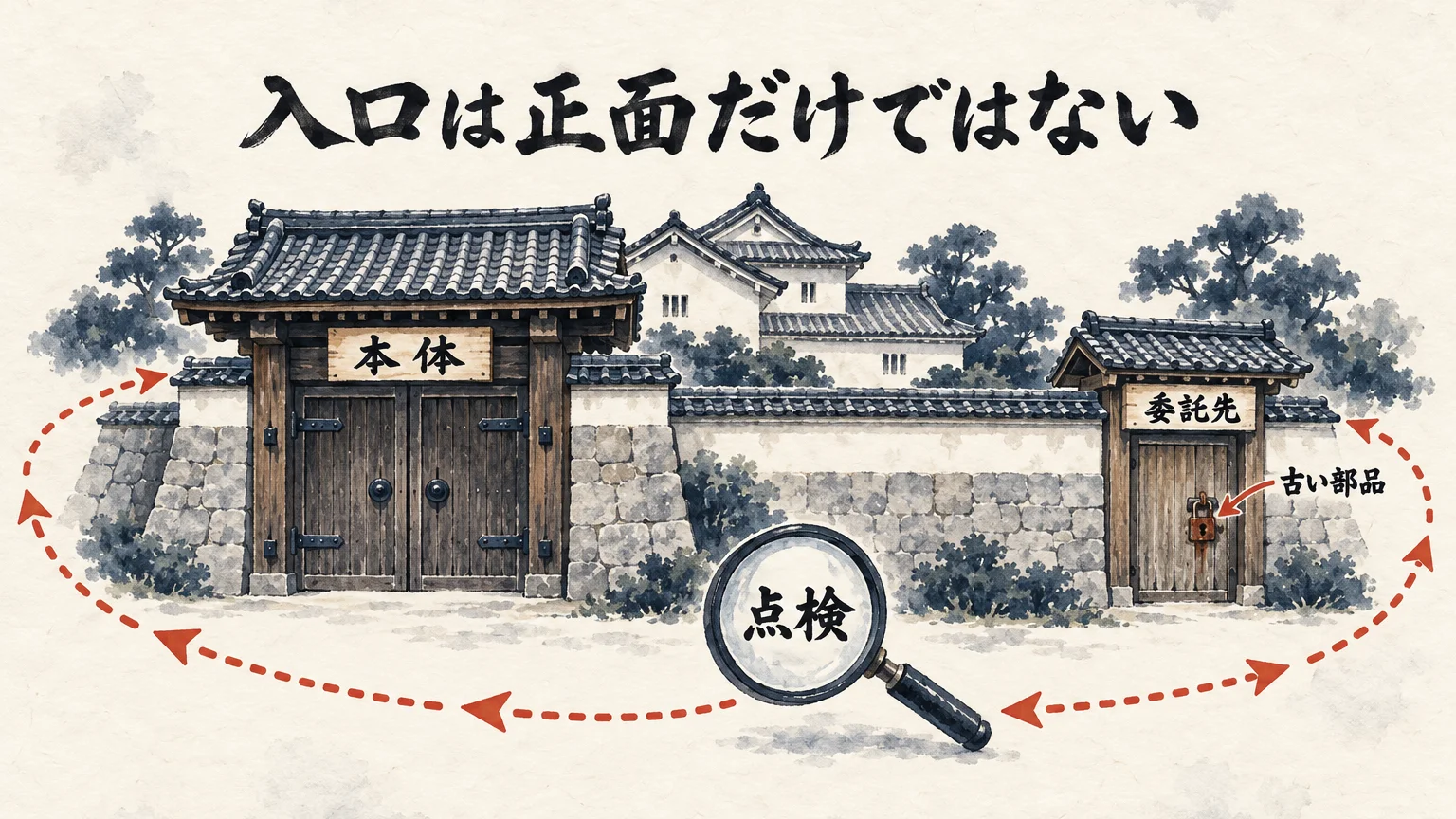 図解: 正面の門と脇の木戸（委託先の古い部品）の周りを、点検が回る