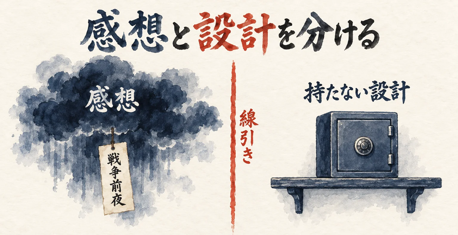 図解: 『戦争前夜』という感想の雲と、持たない設計の棚と金庫を、線引きで分ける