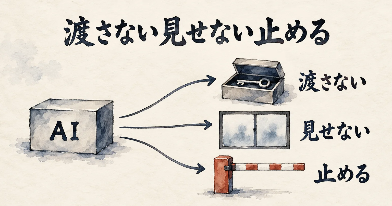図解: AIの箱に、鍵は渡さず・見せず・必要な所で止める。3つの道具
