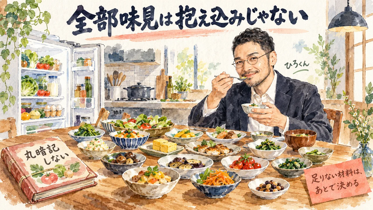 全部味見するのは抱え込みではないことを、台所で作れる料理を全部並べる場面にたとえた図解
