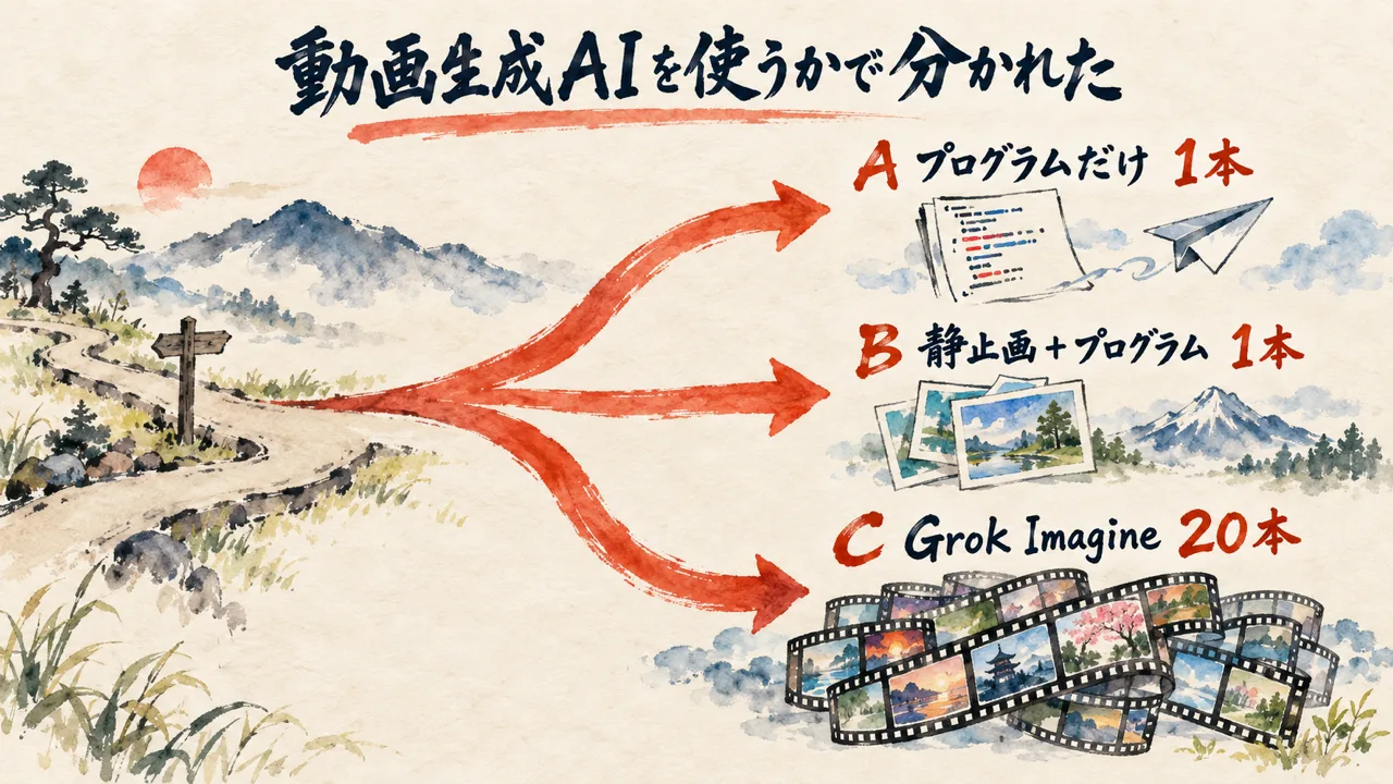 22本の作り方が動画生成AIを使うかどうかでA・B・Cに分かれたことを描いた図解