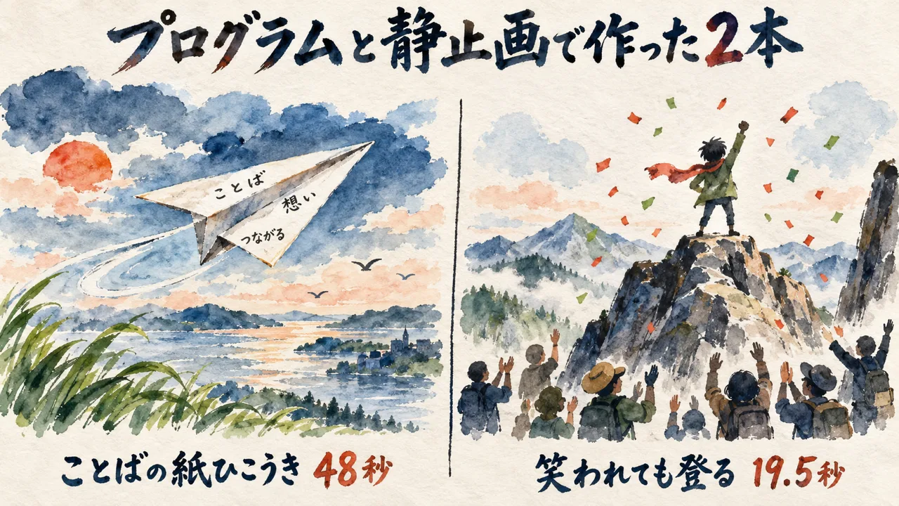 プログラムだけの紙ひこうきアニメと静止画で作った山登りアニメの2本を描いた図解