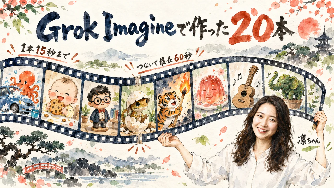 Grok Imagineで作った20本を1本15秒まで・つないで最長60秒で描いた図解