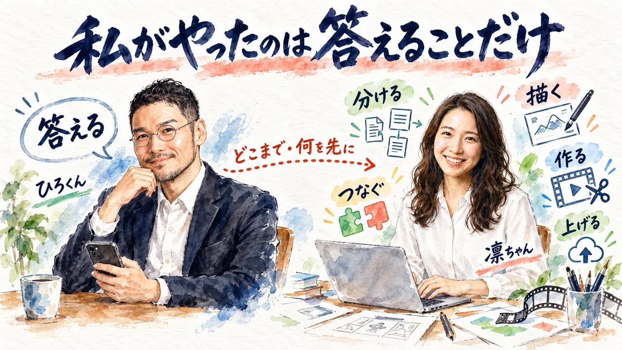 ひろくんは答えるだけで、分ける・描く・作る・つなぐ・上げるはAI秘書の凛ちゃんが担当したことを描いた図解