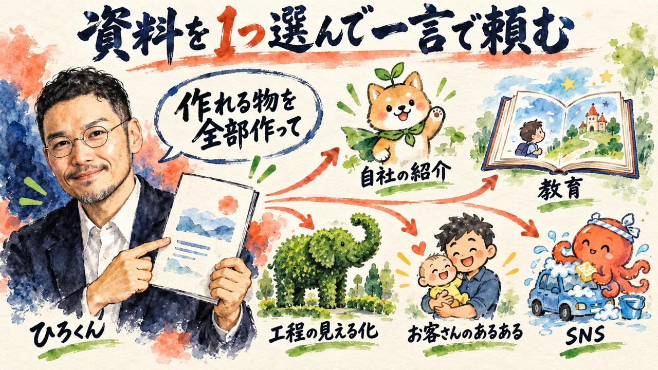 資料を1つ選んで一言で頼み、22本を自社の紹介・教育・工程の見える化などに使う方法の図解