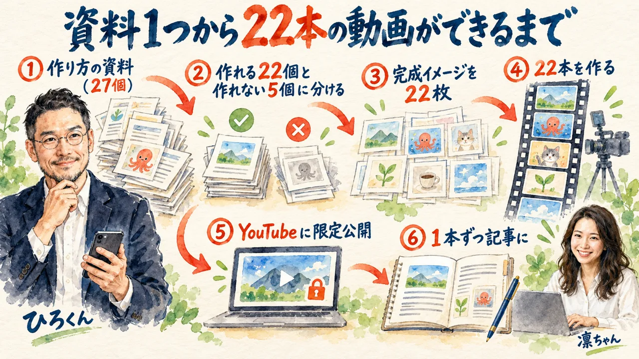 作り方の資料1つから22本の動画と記事ができるまでの流れを6つの手順で描いた図解