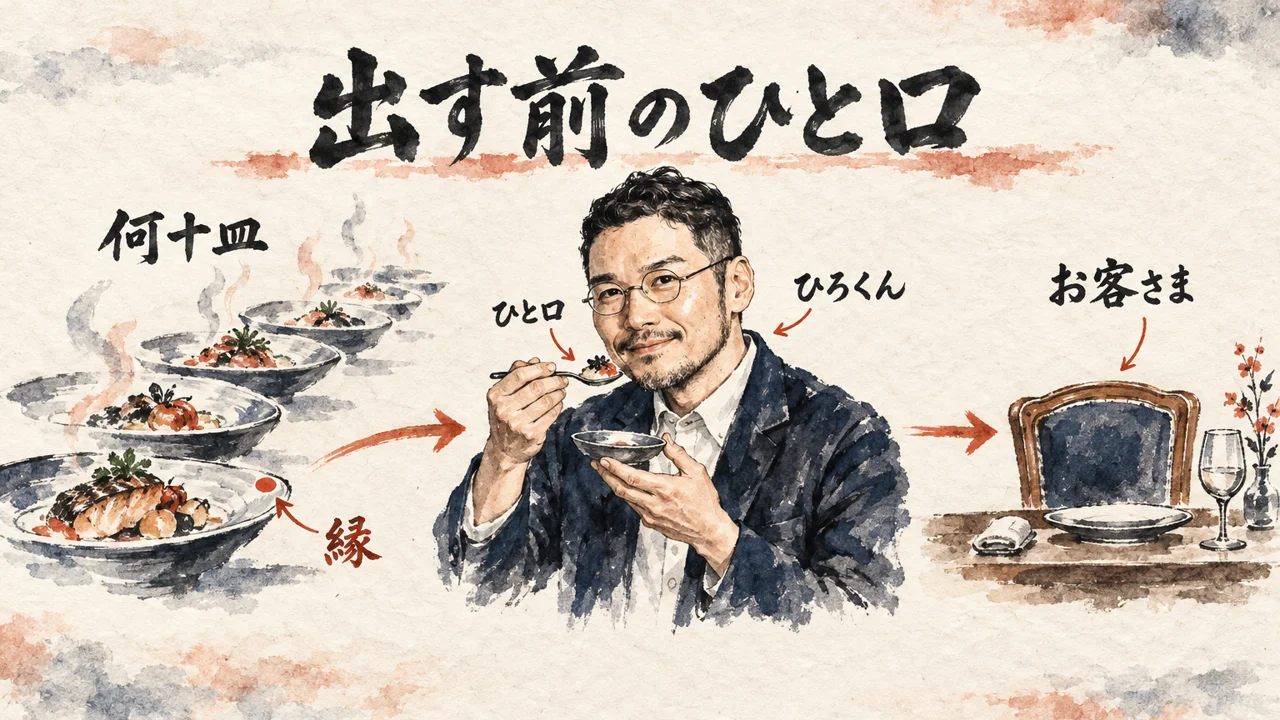 料理に例えて、何十皿のうち縁に印のある1皿を、ひろくんが小皿でひと口味見してから、お客さまの席へ出す図解