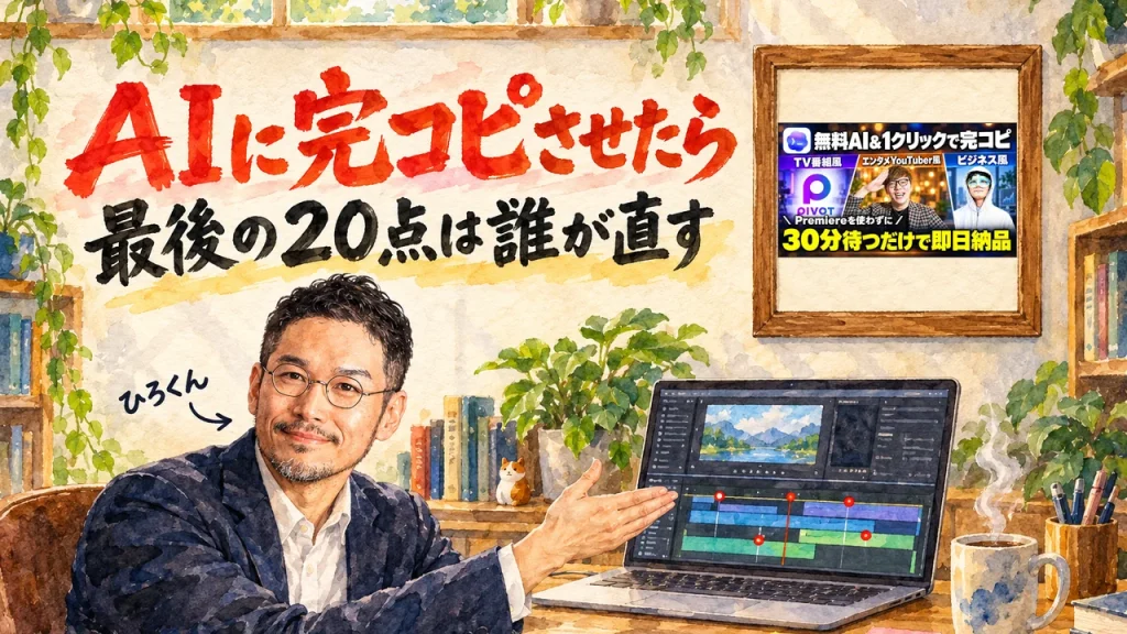 ひろくんがノートPCの編集画面を紹介している、AI動画編集で完コピを検証した記事のアイキャッチ。壁に動画のサムネイル