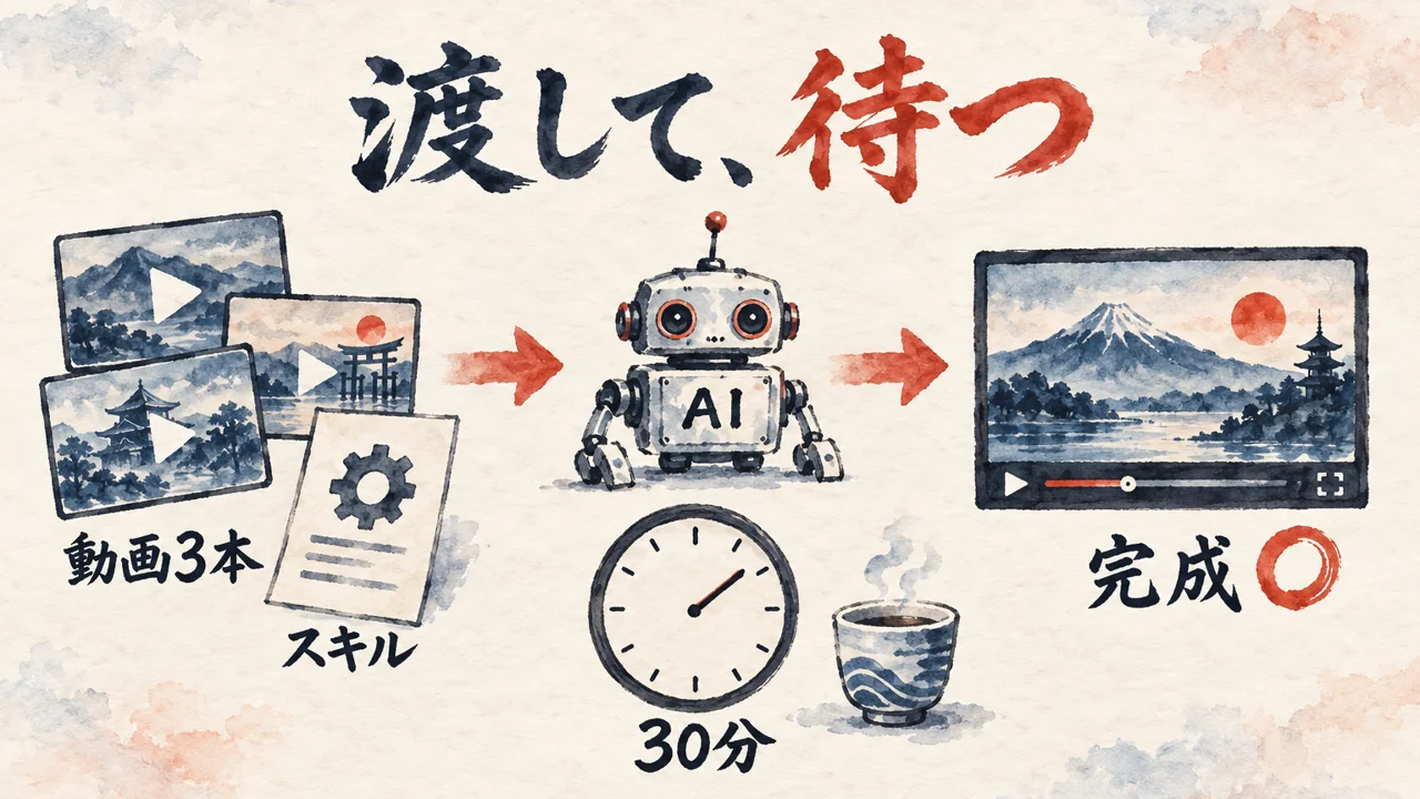 動画3本と自作スキルをAIに渡し、30分ほど待つと動画が完成する流れを、時計とお茶の絵で示した図解