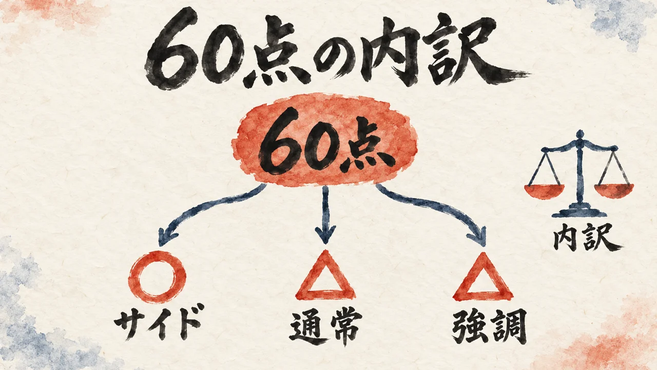 60点の札から、サイドテロップは丸、通常テロップと強調テロップは三角に分かれる内訳を示した図解