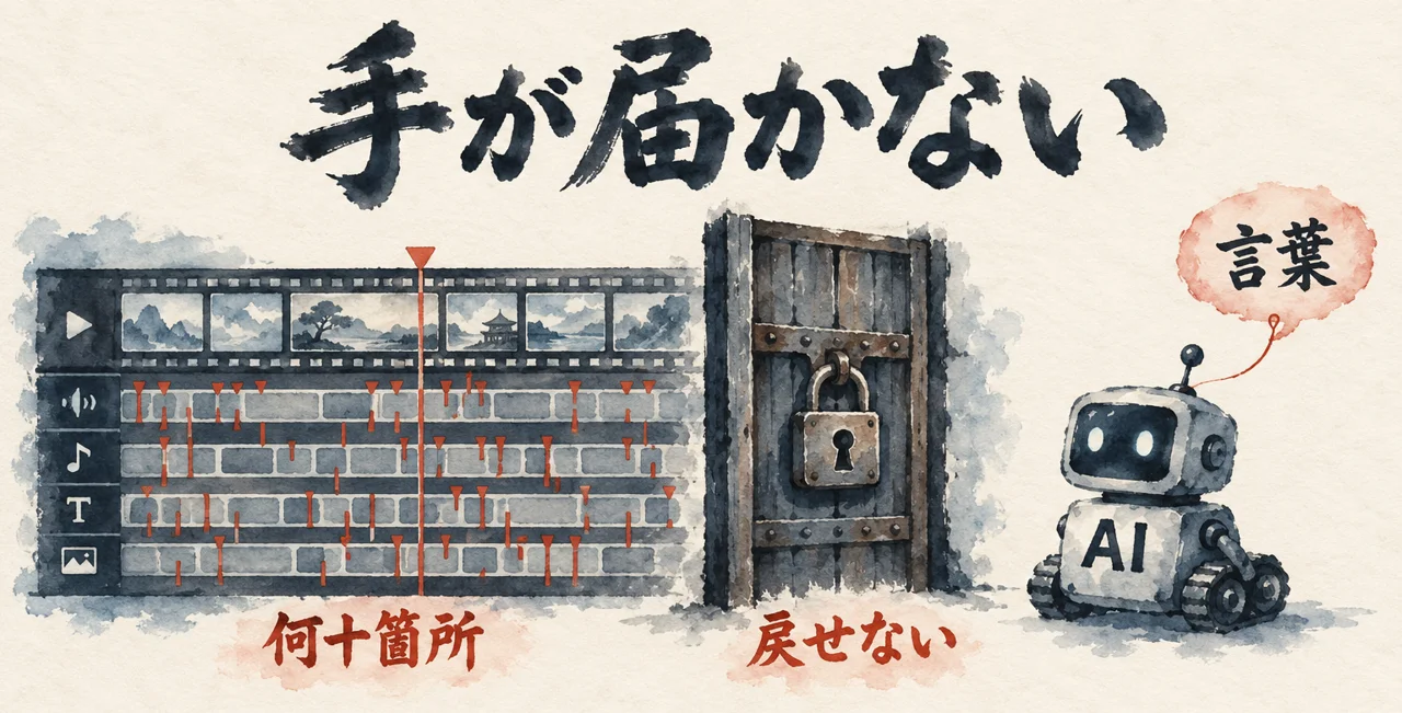 何十箇所の直し印が並ぶ編集の帯と、鍵のかかった扉、言葉の吹き出しだけが届くAIの絵で、直す場所に手が届かないことを示した図解