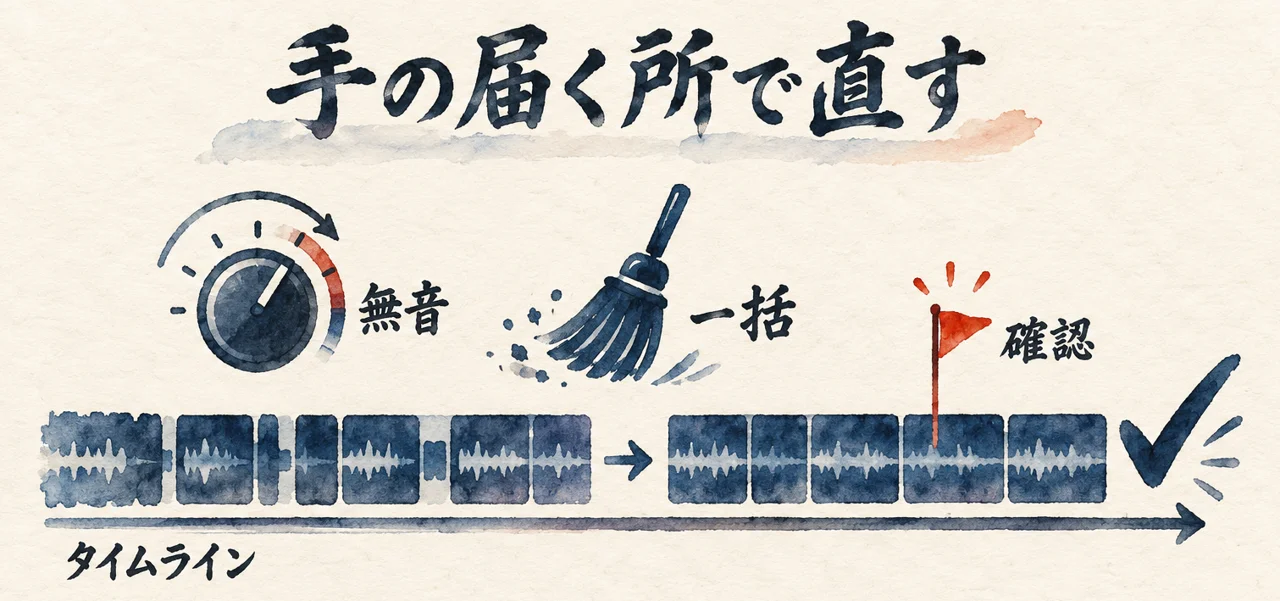 編集の帯の中で、無音のダイヤル、まとめて整えるほうき、確認の旗を使って最後の20点を埋めることを示した図解