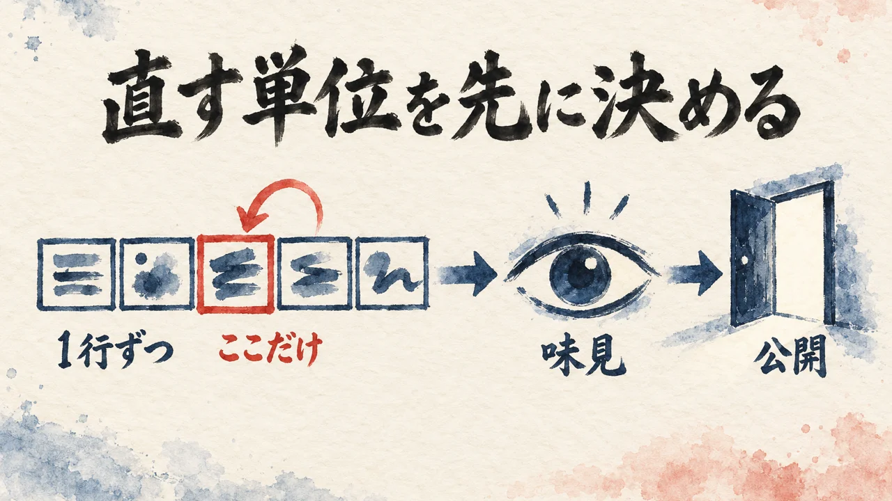 1行ずつに分けた帯のうち1つだけを作り直し、公開の扉の前で人の目が味見をすることを示した図解