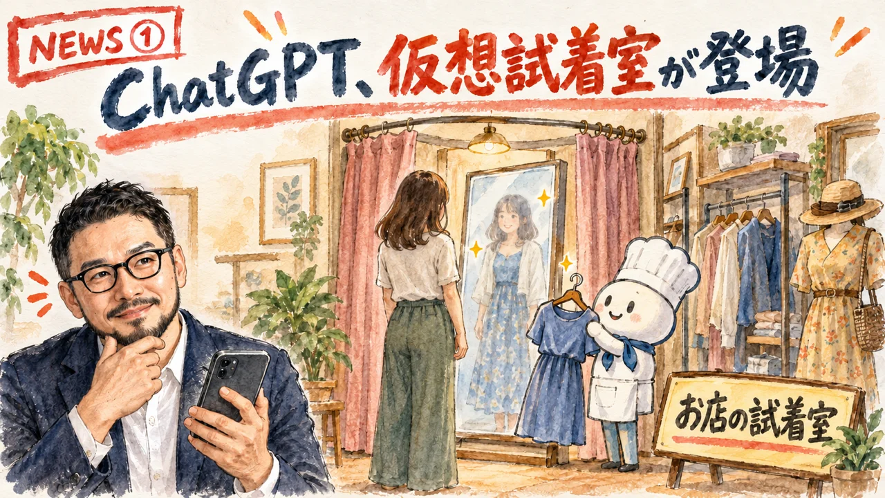 ChatGPTの仮想試着のニュースを解説するひろくんのグラレコ