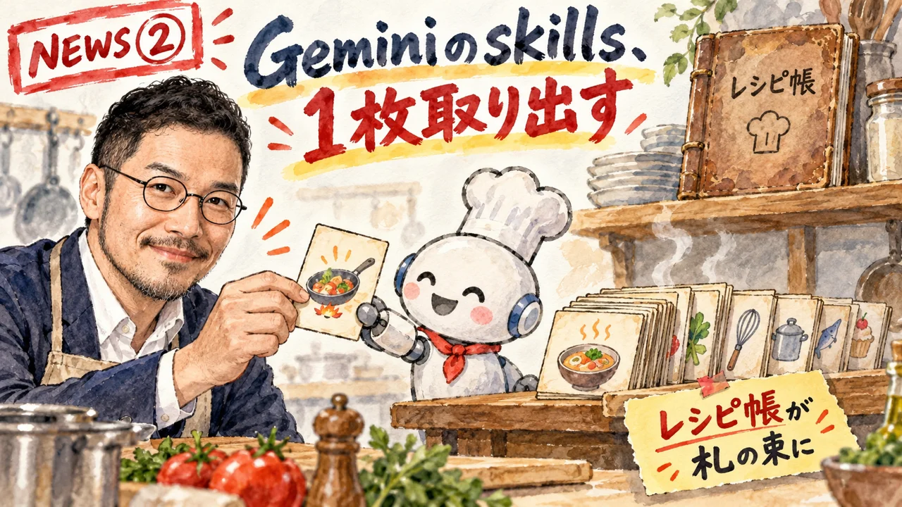 Geminiのskillsのニュースを解説するひろくんのグラレコ