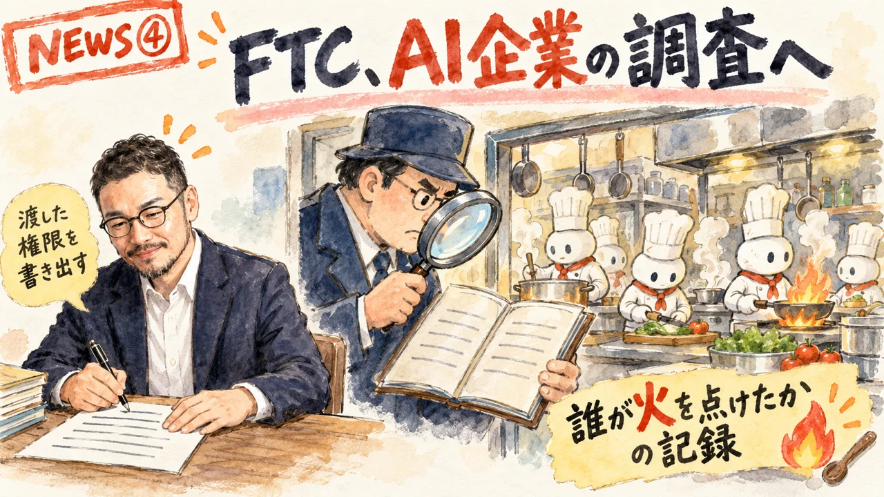 FTCのAIエージェント調査のニュースを解説するひろくんのグラレコ