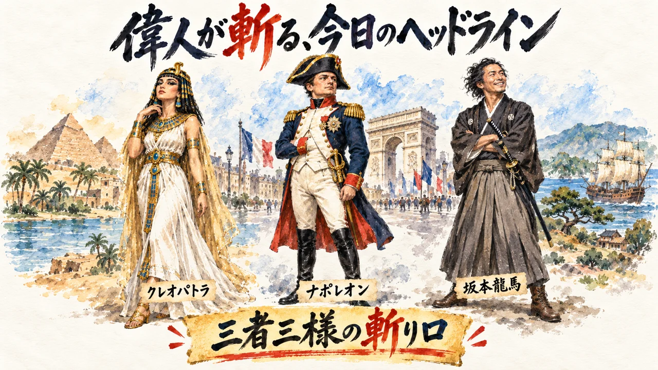 クレオパトラ・ナポレオン・坂本龍馬が今日のヘッドラインを語るグラレコ