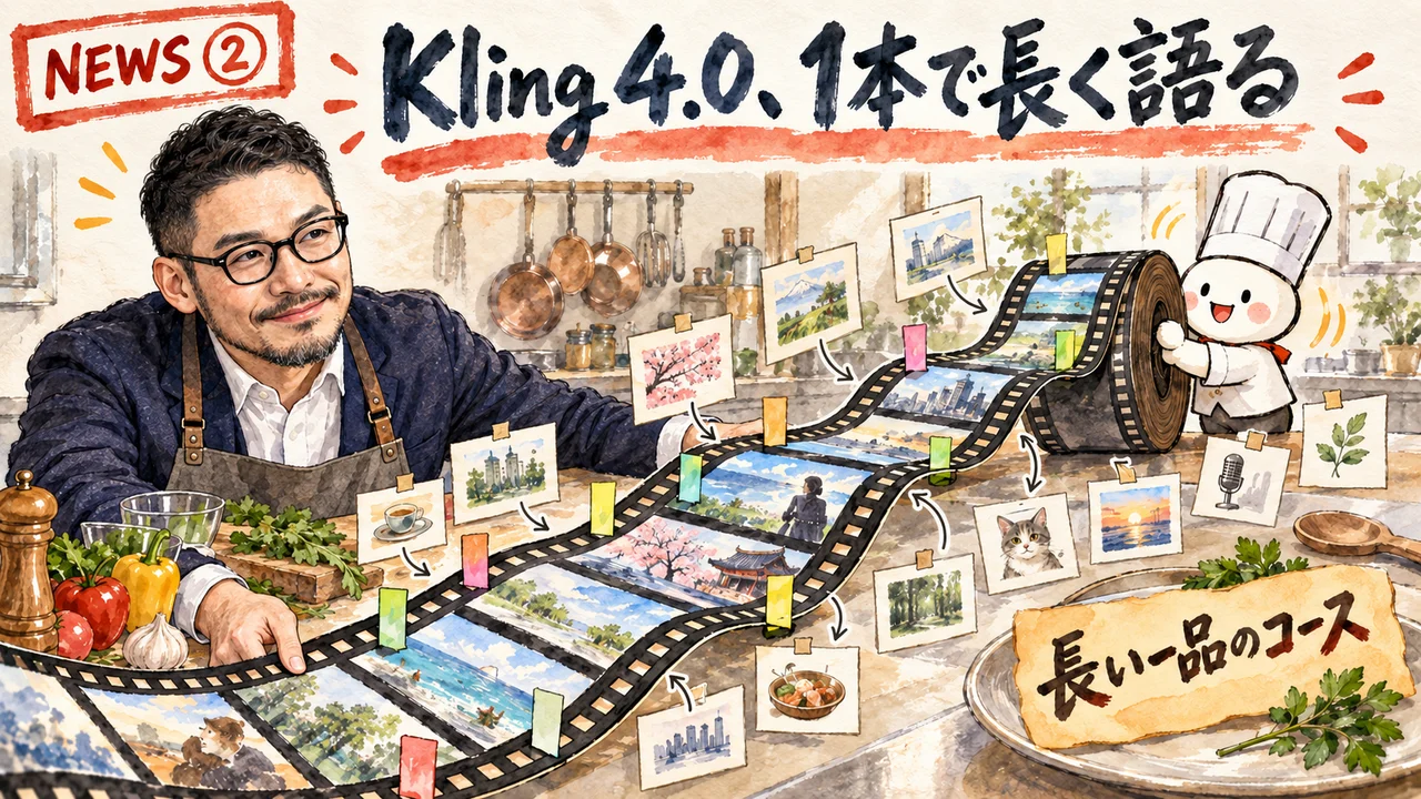 Kling 4.0のニュースを解説するひろくんのグラレコ