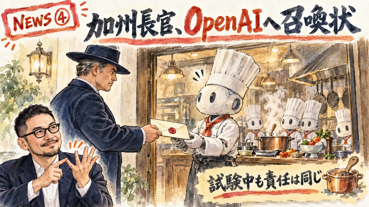 カリフォルニア州司法長官のOpenAIへの召喚状のニュースを解説するひろくんのグラレコ