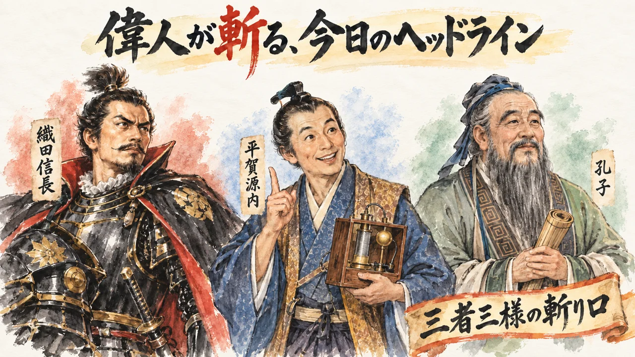 織田信長・平賀源内・孔子が今日のヘッドラインを語るグラレコ