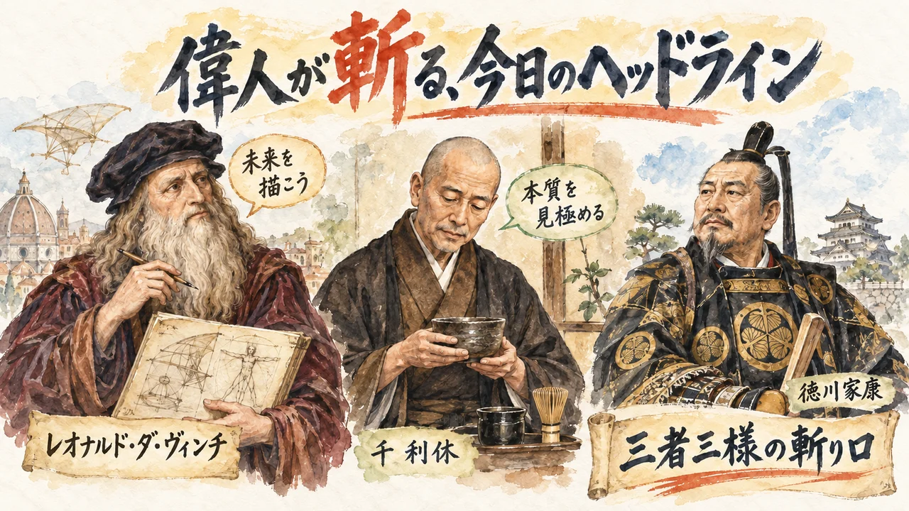 レオナルド・ダ・ヴィンチ・千利休・徳川家康が今日のヘッドラインを語るグラレコ