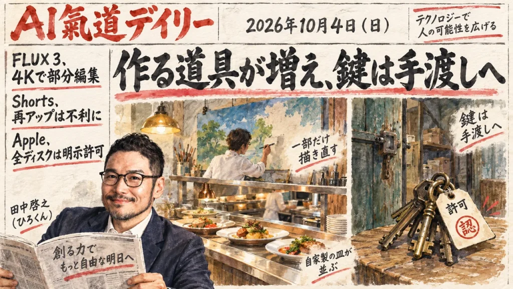 2026年10月4日のAIニュースをまとめた新聞風アイキャッチとひろくん