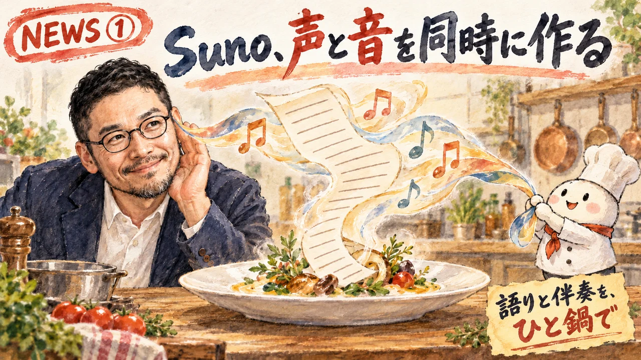 Suno Speechのニュースを解説するひろくんのグラレコ