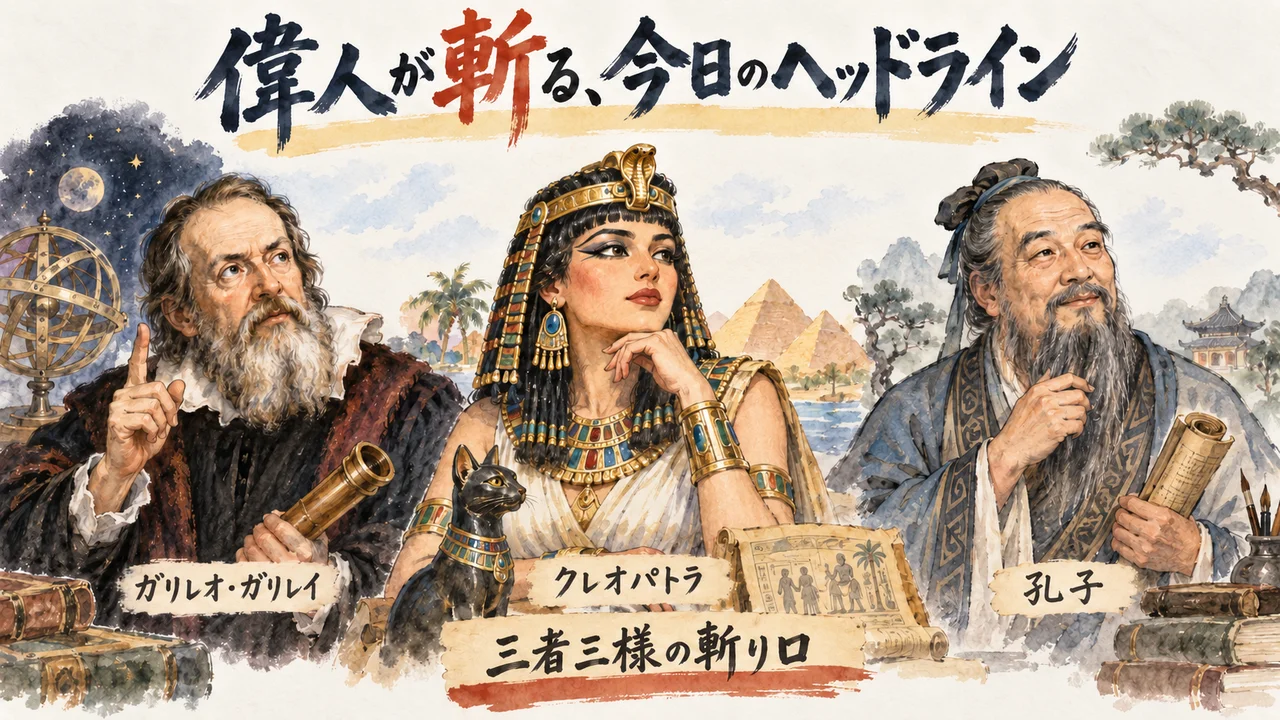 ガリレオ・ガリレイ・クレオパトラ・孔子が今日のヘッドラインを語るグラレコ