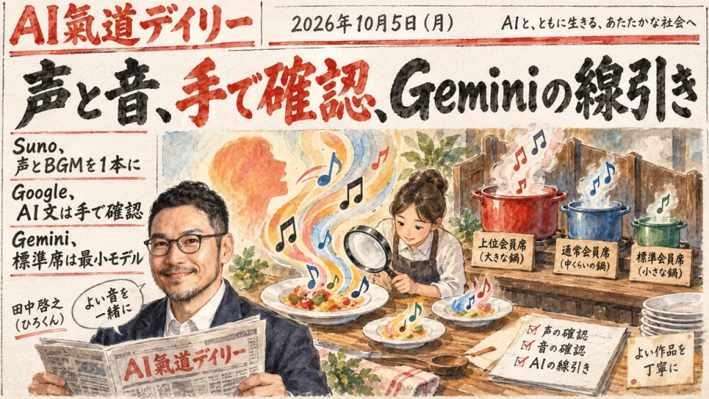 2026年10月5日のAIニュースをまとめた新聞風アイキャッチとひろくん