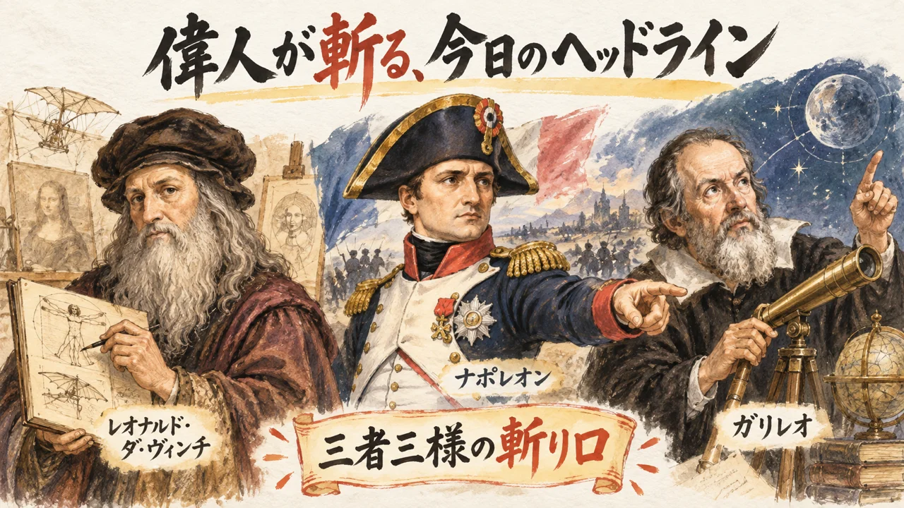 ダ・ヴィンチ・ナポレオン・ガリレオが今日のヘッドラインを語るグラレコ