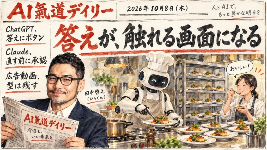 2026年10月8日のAIニュースをまとめた新聞風アイキャッチとひろくん