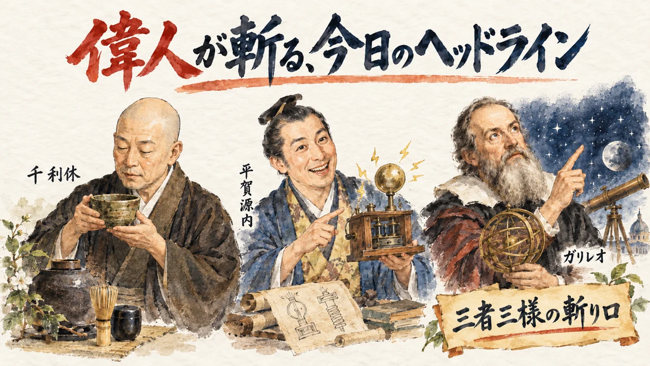 千利休・平賀源内・ガリレオ・ガリレイが今日のヘッドラインを語るグラレコ