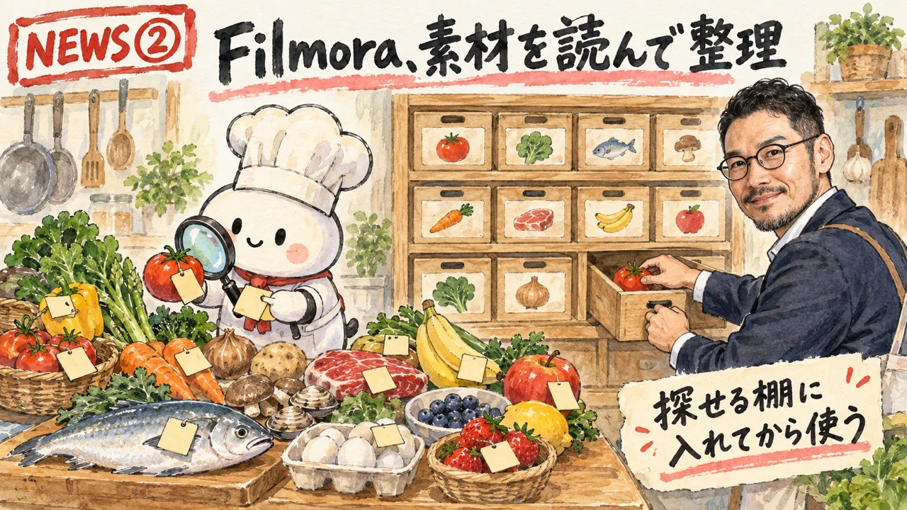 Filmora 16のAI素材分析を解説するひろくんのグラレコ