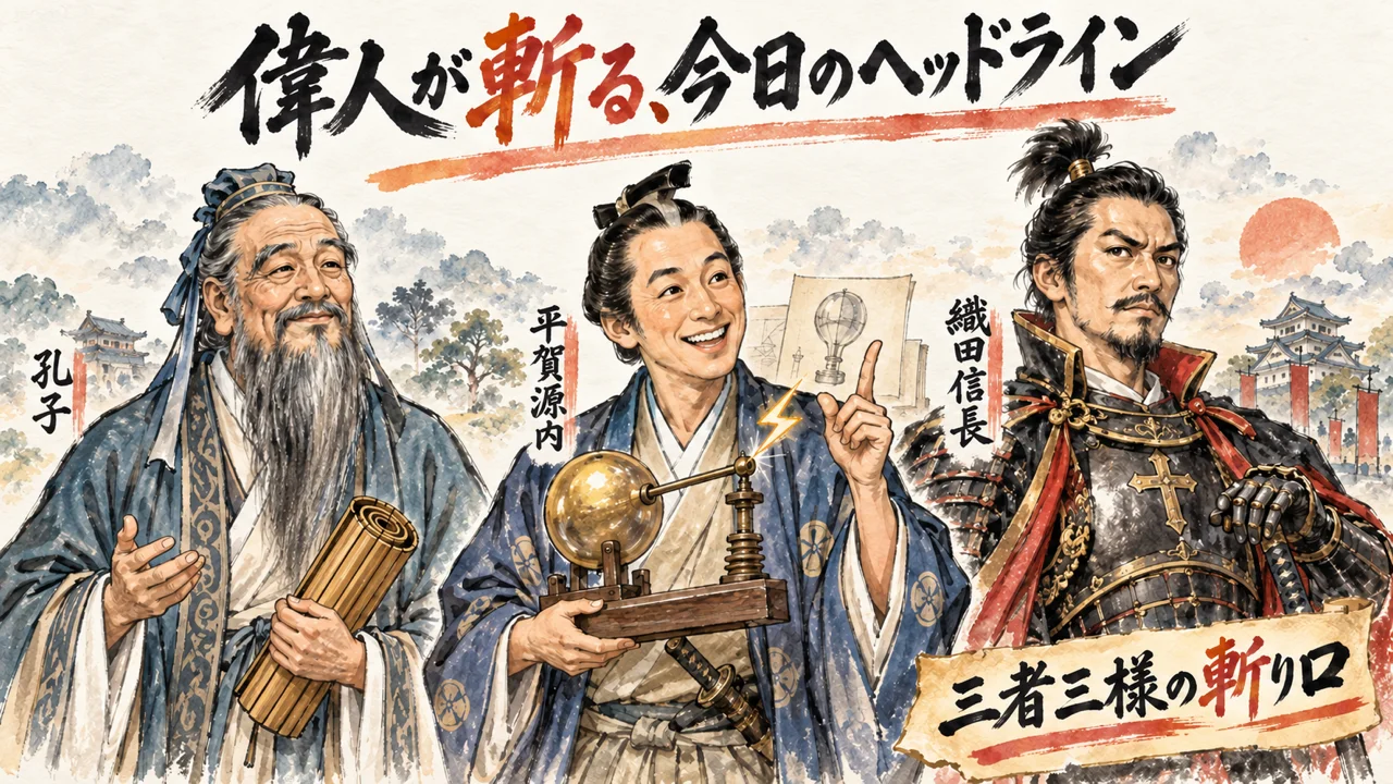 孔子・平賀源内・織田信長が今日のヘッドラインを語るグラレコ