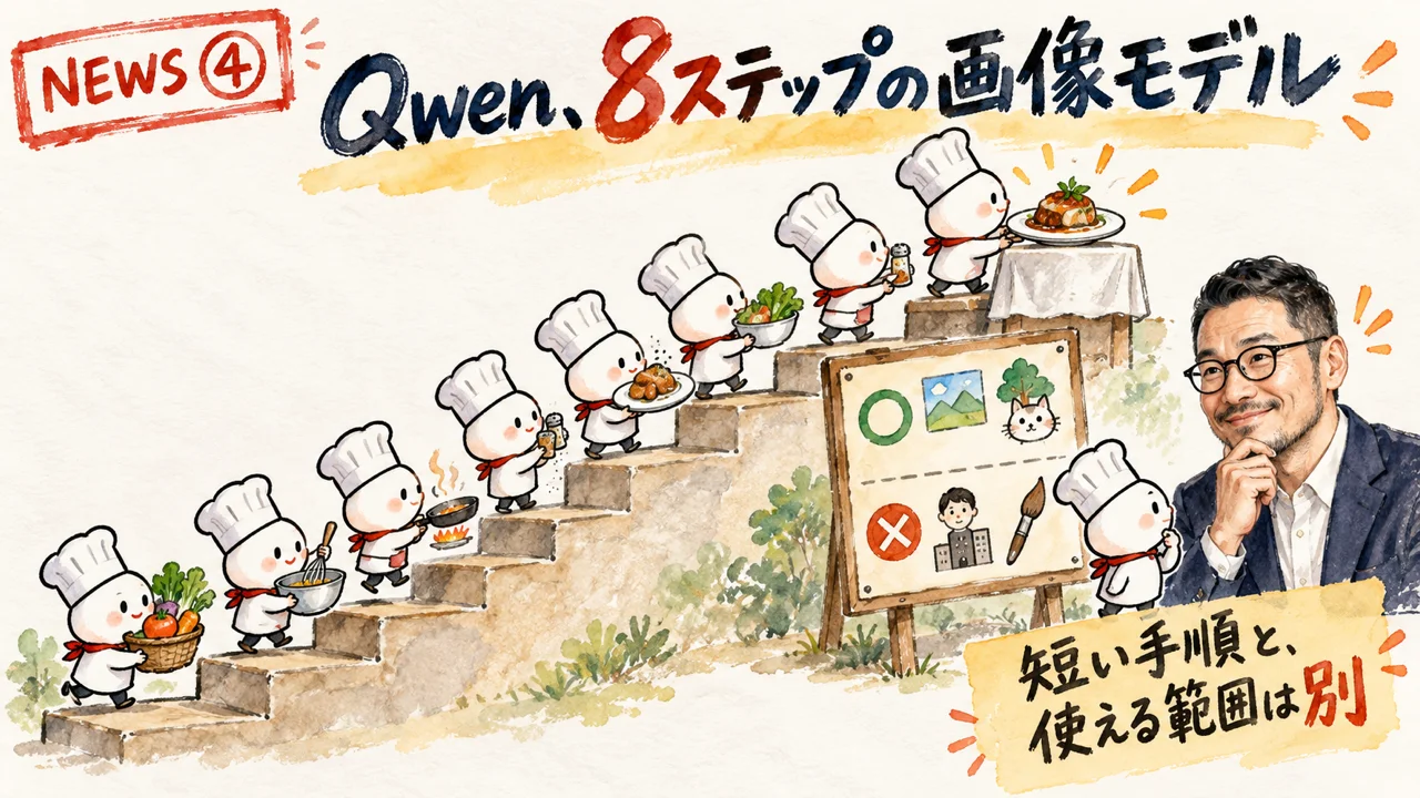 Qwenの8ステップ画像生成と利用許諾の確認点を示す図