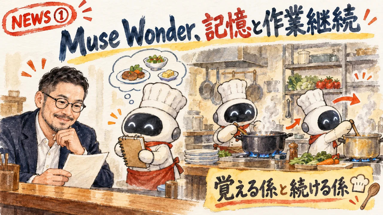 Muse Wonderの記憶と作業継続、利用場所と検証の注意点を示す図