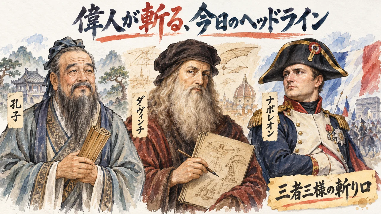 孔子・ダ・ヴィンチ・ナポレオンが今日のヘッドラインを語るグラレコ