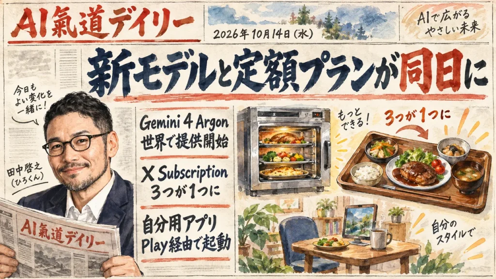 2026年10月14日のAIニュースをまとめた新聞風アイキャッチとひろくん