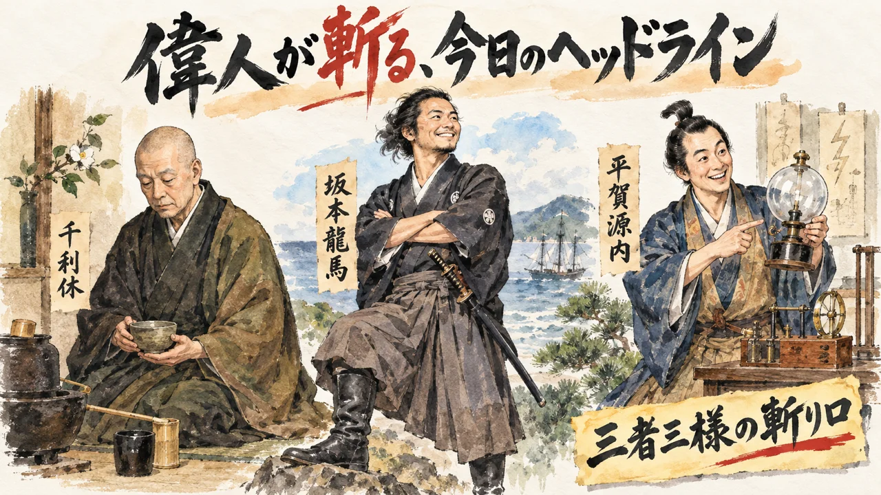 千利休・坂本龍馬・平賀源内が今日のヘッドラインを語るグラレコ