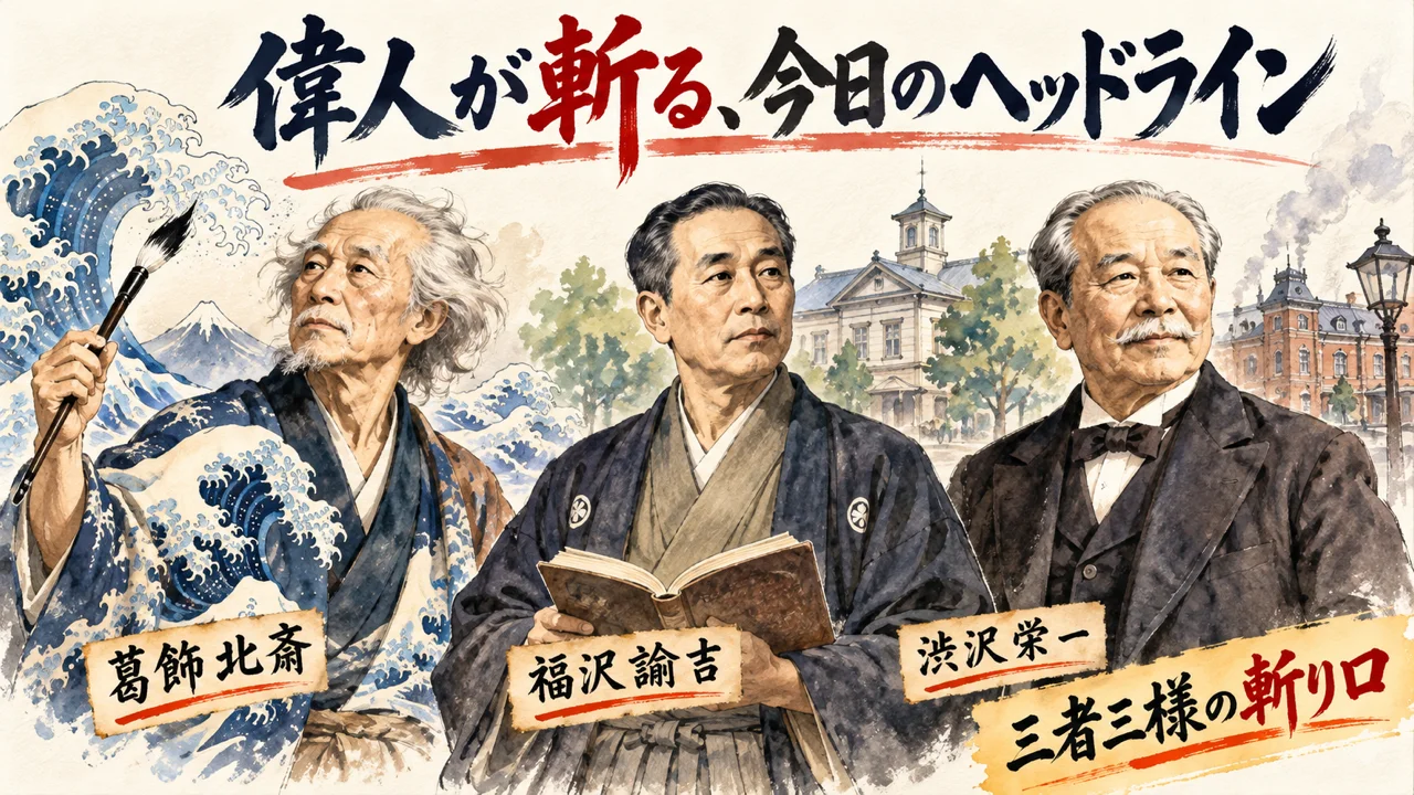 葛飾北斎・福沢諭吉・渋沢栄一が今日のヘッドラインを語るグラレコ