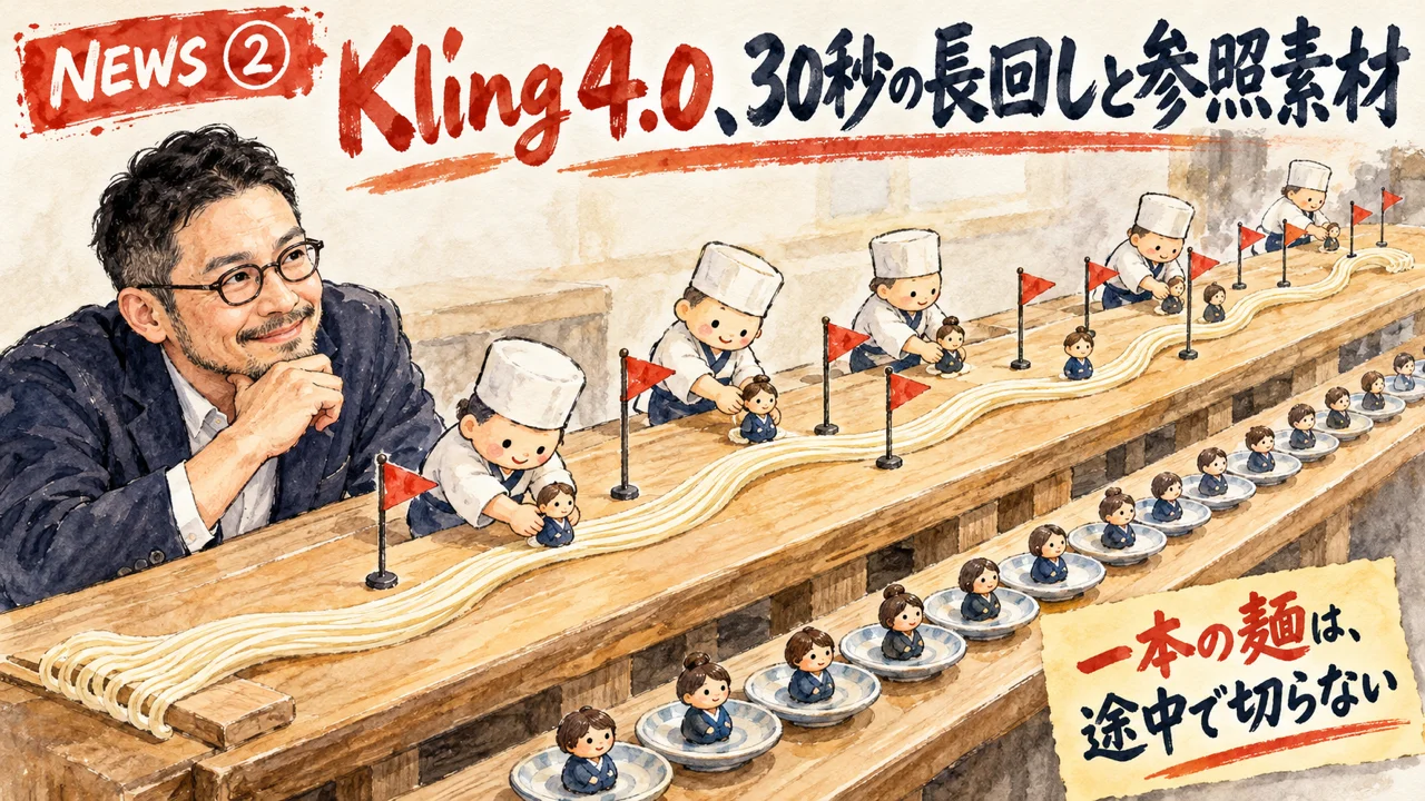 Kling 4.0で30秒の長回し動画を作る図