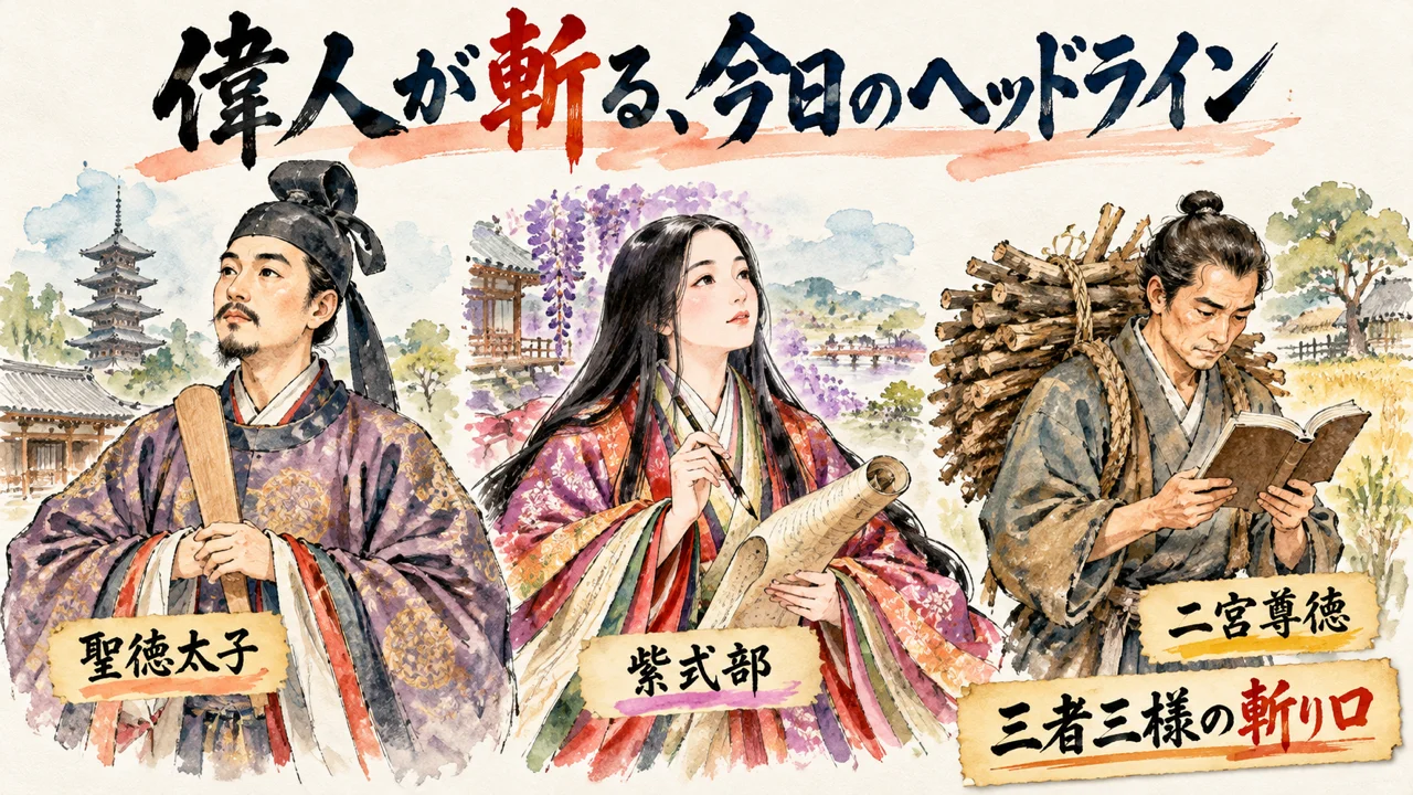 聖徳太子・紫式部・二宮尊徳が今日のヘッドラインを語るグラレコ