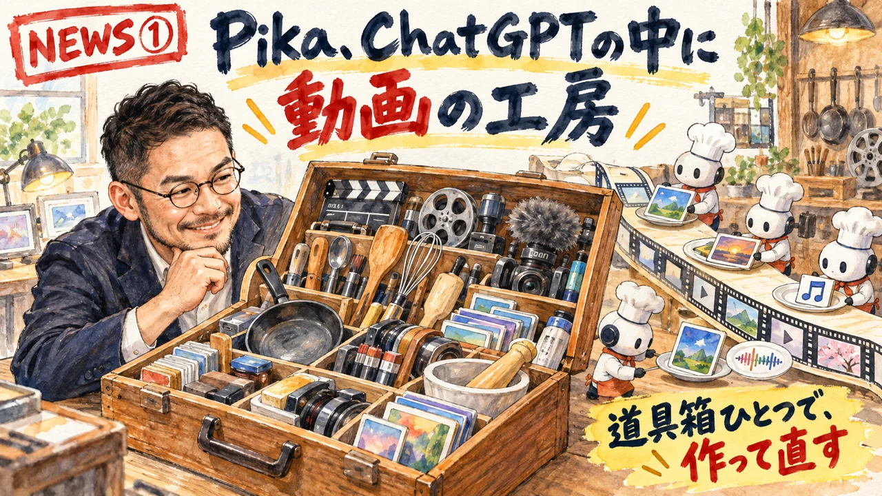 ChatGPTの画面にPikaの操作パネルとタイムラインが並ぶ図