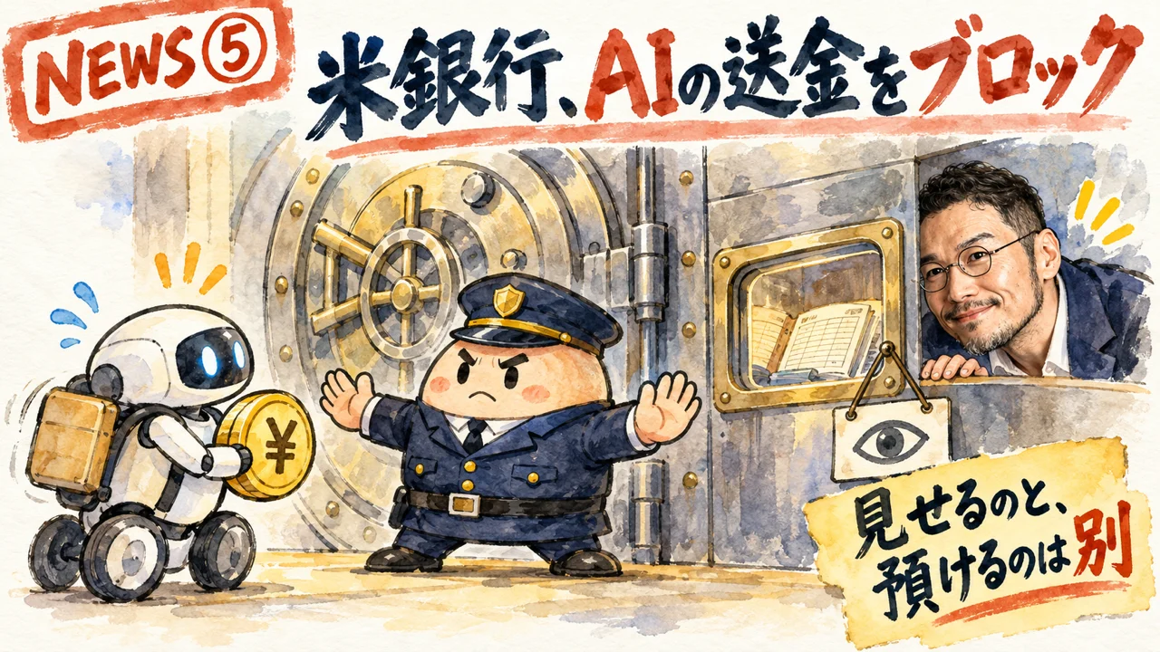 銀行の窓口で外部のAIエージェントが止められる図