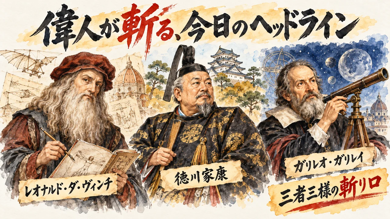 レオナルド・ダ・ヴィンチ・ガリレオ・徳川家康が今日のヘッドラインを語るグラレコ