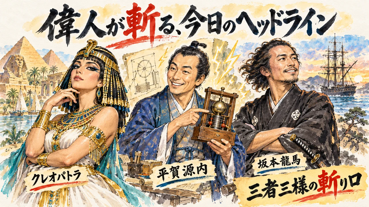 クレオパトラ・平賀源内・坂本龍馬が今日のヘッドラインを語るグラレコ