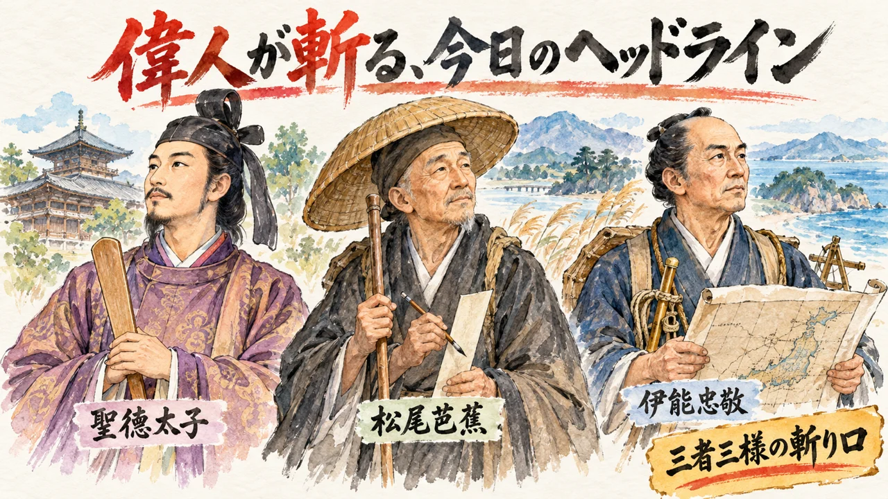 聖徳太子・松尾芭蕉・伊能忠敬が今日のヘッドラインを語るグラレコ
